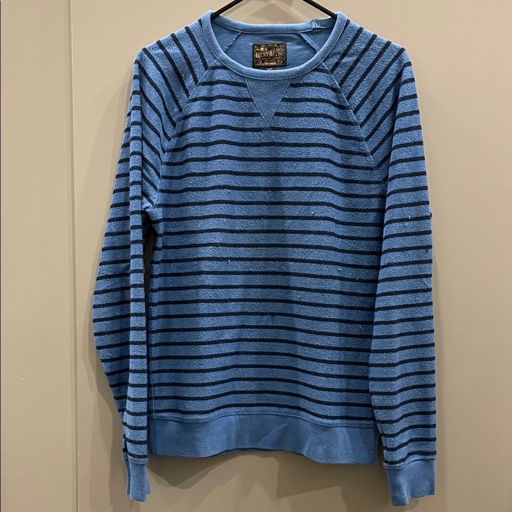 Lucky Brand Men's Blue and Black Striped Crewneck Sweater
